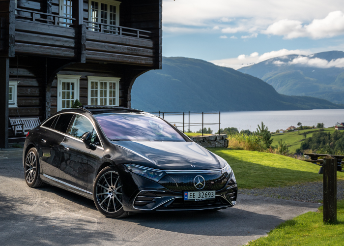 Mercedes Benz EQS parked outside Storfjord Hotel Ålesund